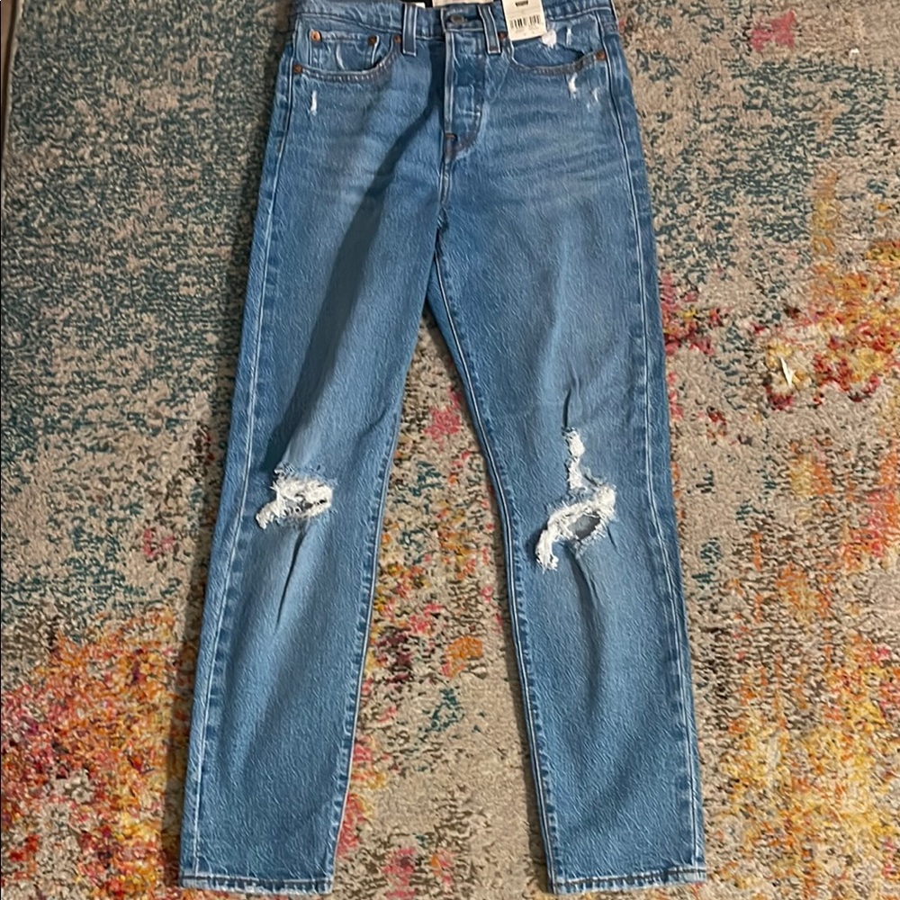 Levi's Blue Straight Leg Jeans with Distressed Details